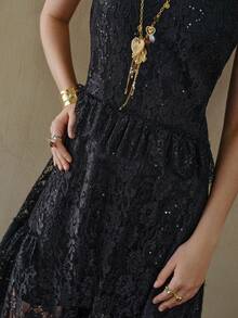 MOTF STUDIO DOS PIEZAS VESTIDO CAMISERO SÓLIDO Y VESTIDO CAMISERO SUELTO CON VOLANTES DE ENCAJE, TEXTURA DE LENTEJUELAS Y BORDADO, ELEGANTE Y MODERNO - Negro - Ver 2
