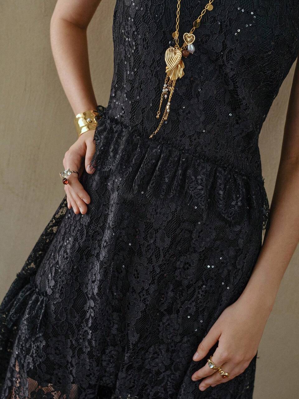 MOTF STUDIO TWO PIECES SOLID CAMI DRESS & LACE TEXTURE SEQUIN EMBROIDERY RUFFLE HEM LOOSE FIT CAMI DRESS, FASHIONABLE & STYLISH