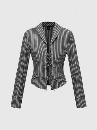 Grunge Punk Moderne Damen Bluse mit Bindetaille und Streifenmuster, sexy Office Stil