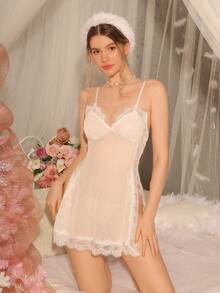 DelicateAllure 蕾丝细肩带内衣裙，性感透明网眼睡袍，女士 - 白色 - 查看 5