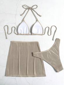 Swim SXY Summer Beach 3packs Halter Triangle High Cut Bikini & Beach Skirt