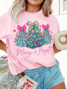 EMERY ROSE Plus Size Christmas T-Shirt, Plus Size Streetwear Graphic Tee, Casual Comfy Top, Vacation Vibe - Pink - View 1