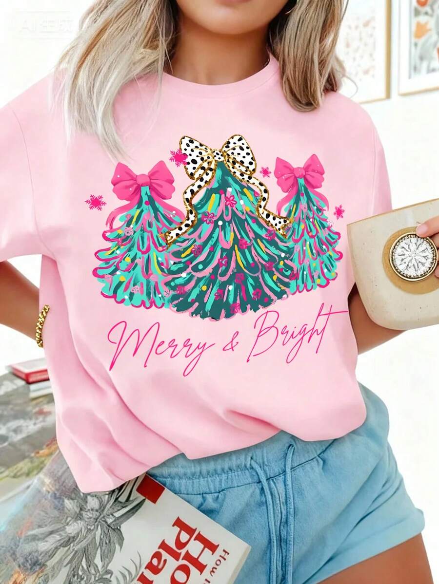 EMERY ROSE Plus Size Christmas T-Shirt, Plus Size Streetwear Graphic Tee, Casual Comfy Top, Vacation Vibe - Pink - View 1