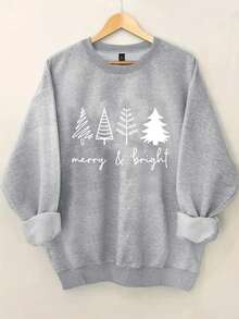 SHEIN CURVE+ Plus Size Women's Christmas Tree Pattern Printed Casual Sweatshirt Autumn And Winter - Light Grey - View 1