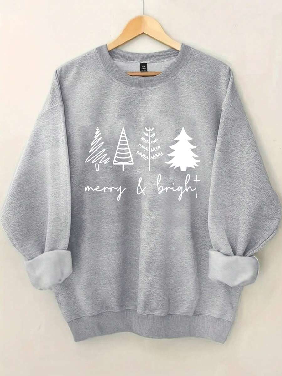 SHEIN CURVE+ Plus Size Women's Christmas Tree Pattern Printed Casual Sweatshirt Autumn And Winter - Light Grey - View 1