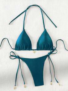 Swim SXY Ladies Solid Color Halter Neck Sexy Bikini Set For Vacation Summer Beach Swimwear - Dark Green - View 10