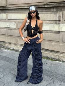 Coolane Women's Fall Streetwear Concert Rave Festival Going Out Renaissance Fair Clubs Pleated Navy Blue Straight Pants - Navy Blue - View 3