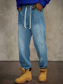 PAVTROS 优质蓝色弹性腰部抽绳下摆百搭牛仔裤 - 藍色 - 查看 3