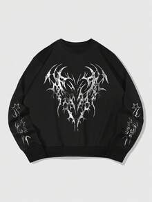 ROMWE MEN Goth 男士印花哥特风圆领休闲套头卫衣，长袖上衣 - 黑色 - 查看 1