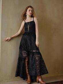 MOTF STUDIO DOS PIEZAS VESTIDO CAMISERO SÓLIDO Y VESTIDO CAMISERO SUELTO CON VOLANTES DE ENCAJE, TEXTURA DE LENTEJUELAS Y BORDADO, ELEGANTE Y MODERNO - Negro - Ver 7