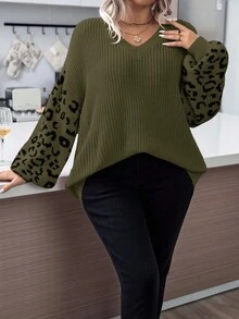 SHEIN LUNE Plus Size Women Casual Leopard Print Dropped Shoulder Loose Lantern Sleeve Sweater, Suitable For Daily Commute, Autumn/Winter - Green - View 5