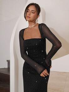 Modelyn Women's Elegant Square Neck Sheer Mesh Long Sleeve Cinched Waist Dress, Spring/Autumn - Black - View 3