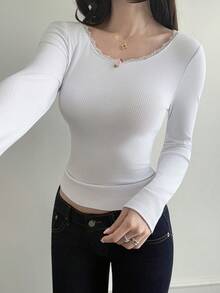 Livesso Women's Lace Trim Long Sleeve Fitted T-Shirt, Autumn