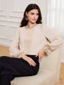 EMERY ROSE Women's Elegant Solid Color Lace Patchwork Blouse, Autumn - Apricot - View 7