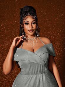 Maweii Váy hở vai hở vai gợi cảm thanh lịch cỡ lớn - Bạc - Xem 3