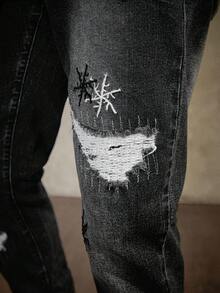 PAVTROS Men's Black & Grey Snowflake Embroidered Slim Fit Jeans - Black - View 4