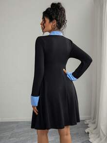 Momance Maternity Stylish Ribbed Patchwork Knit Dress - Black - View 3