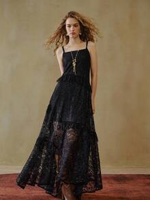 MOTF STUDIO DOS PIEZAS VESTIDO CAMISERO SÓLIDO Y VESTIDO CAMISERO SUELTO CON VOLANTES DE ENCAJE, TEXTURA DE LENTEJUELAS Y BORDADO, ELEGANTE Y MODERNO - Negro - Ver 1