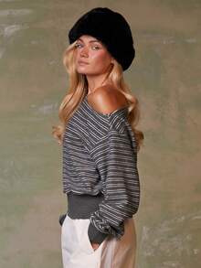 Athîral Women's Casual Striped Print Asymmetrical Neck Drop Shoulder Loose Long Sleeve T-Shirt, Spring/Autumn - Multicolor - View 2