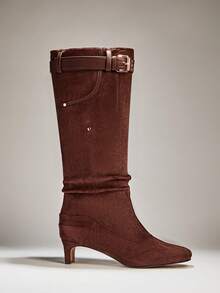 SHUZIA Women Casual Comfortable Point Toe Kitten Heel Faux Suede Knee-High Boots - Coffee Brown - View 3