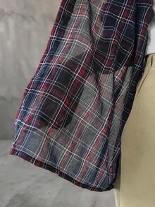 FRIFUL 女式宽松格子落肩长袖单排扣休闲衬衫 - 藏蓝色 - 查看 5