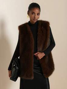 SHEIN Veneréa Nueva chaqueta sin mangas de piel sintética de frente abierto, elegante y casual para mujer, para otoño/invierno