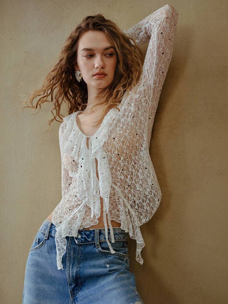 MOTF STUDIO ROMANTIC RUFFLE TEXTURED LACE KNIT HEAVY RIVET BOHEMIAN BOHO BLOUSE