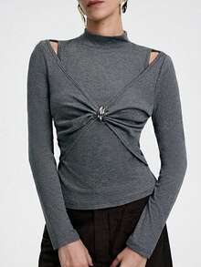 Aalyst Women's High-End Gray, Dark Gray, Luxurious High-End Elegant Mature Lady T-Shirt. High Collar, Slim Fit, Metal Decorative Button, Soft And Skin-Friendly Stretchy Fabric, Suitable For Autumn, Winter, Spring, Party, Banquet, Gathering, Daily Wear, Work Commute, Holiday Outfit.