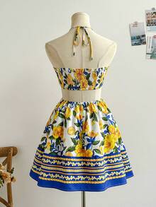 Soleia 蓝白花卉印花抽绳领镂空腰部浪漫休闲度假连衣裙 - 彩色 - 查看 2