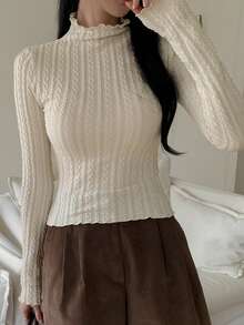 DAZY 1 件女式纯色纹理高领修身 T 恤，秋季新款长袖女式上衣，秋季女装