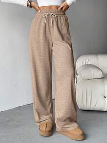 SHEIN Tall 女款休閒抽繩腰寬鬆卡其色運動長褲，冬季居家寬腿工裝褲，優雅米色秋季校園通勤長褲，適合高個女性 - 米色 - 查看 6