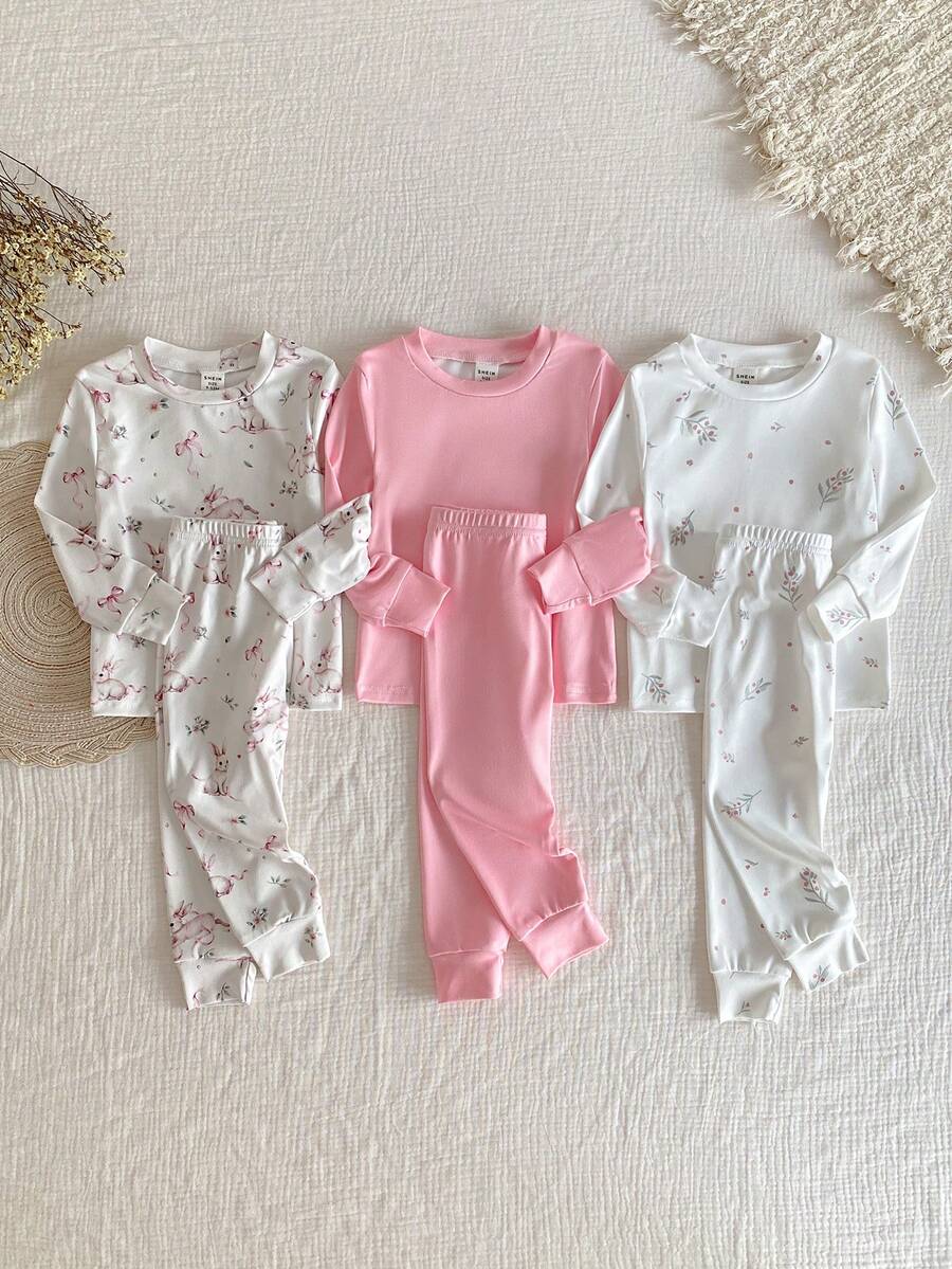 SHEIN 3件套女婴可爱兔子和花朵印花长袖上衣和裤子睡衣套装 - 彩色 - 查看 1