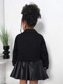 SHEIN Young Girl' Rhinestone Embellished Gray Denim Lapel Long Sleeve Cropped Loose Jacket - Black - View 2