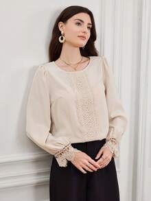 EMERY ROSE Women's Elegant Solid Color Lace Patchwork Blouse, Autumn - Apricot - View 6