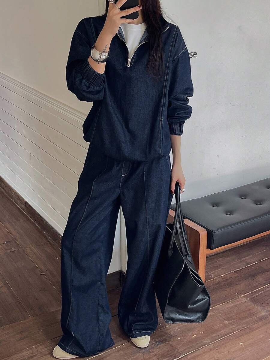 DAZY 女士休闲牛仔拉链夹克和阔腿牛仔裤套装，秋季