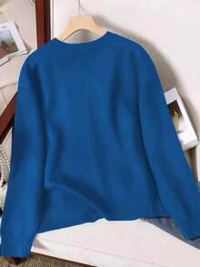 Resyla Women's Round Neck Long Sleeve Knitted Sweater Regular Cardigan, Autumn/Winter - Blue - View 2