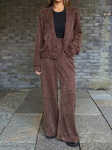 DAZY Women's Deep V-Neck Jacket And Straight Leg Pants Casual 2 Pieces Set - Brown - View 2