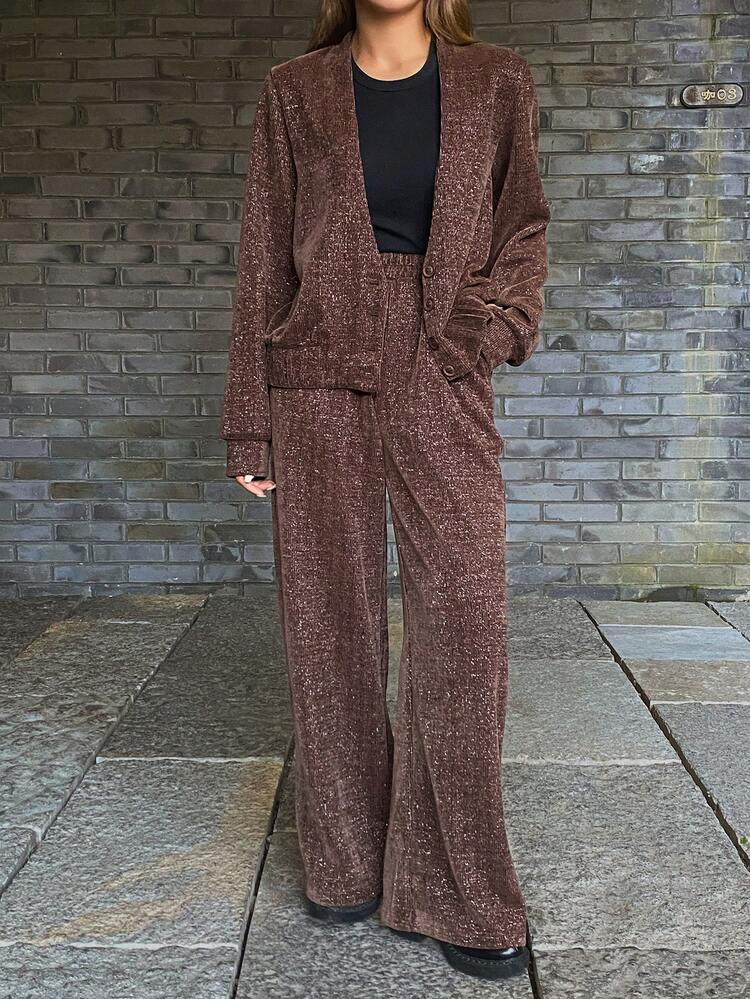 Women's Deep V-Neck Jacket And Straight Leg Pants Casual 2 Pieces Set