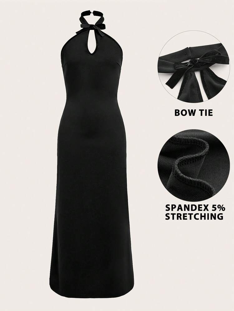 SHEIN Maija Black Cinched Waist A-Line Dress, Bowknot Hollow Out Decor, Suitable For Party, Holiday, Christmas, Halloween, Wedding  Women Dresses Autumn Winter Halloween Costume Elegant Dresses For Party  Long Party Dress Black Dress Stylish Clothing Collection New Year Dress Black Elegant Dresses Glamrae Elegant Dresses Velvet Dresses Christmas Dresses For Women