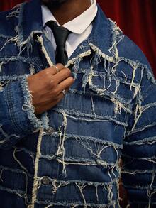 PAVTROS 男士长袖单排扣做旧流苏牛仔夹克，圣诞节 - 藍色 - 查看 5