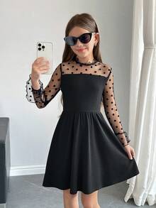 SHEIN 女童黑色波尔卡圆点网眼拼布腰圣诞连衣裙，适合秋冬季，红色圣诞节，派对装，日常上学装，生日装，公主裙 - 黑色 - 查看 6