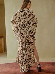 MOTF STUDIO GLITTER TEXTURE SHINY LEOPARD PRINT LOOSE PLEATED BOHEMIAN PATTERN FRONT SHORT BACK LONG DRESS - Multicolor - View 4