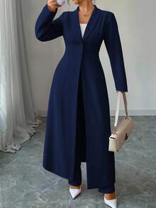 SHEIN Tall CURVE Bộ 2 món Elenzga cỡ lớn cho nữ, màu trơn, cổ cài nút, áo khoác dài và quần dài - Màu xanh hải quân - Xem 5