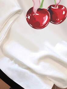 SHEIN Leap Crew Teens Girls Casual Minimalist Retro American Bow & Cherry Pattern White Short Sleeve Round Neck Loose Knit Oversized T-Shirt, 34% Cotton, Versatile, Suitable For Summer - White - View 4