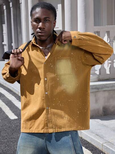 Street Life جاكيت جينز كاجوال للرجال بتصميم رقعي وجيب، كم طويل، مغسول، مناسبة للربيع والخريف