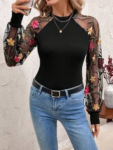 SHEIN Clasi Plus Size Floral Embroidery Sheer Long Sleeve T-Shirt - Black - View 6