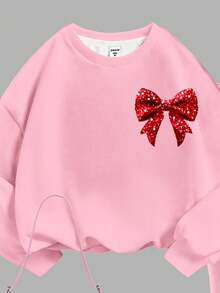 SHEIN 2 件套年轻女孩圣诞可爱蝴蝶结印花休闲宽松圆领长袖运动衫和喇叭裤套装，适合秋冬季 - 彩色 - 查看 4