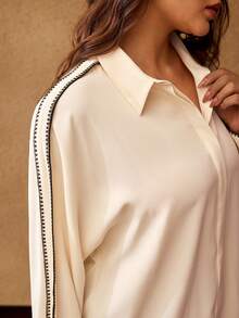 MOTF PREMIUM PLUS EMBROIDERED CONTRAST TRIM LONG SLEEVE SHIRT, ELEGANT FOR COMMUTING - Beige - View 2