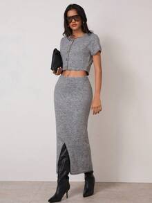 COSMINA 2pcs Women's Short Sleeve Elegant Knitted Sweater Set,Grey Autumn Casual Brunch Versatile Commuting Office Wear Two Piece Skirt Sets - Grey - View 3