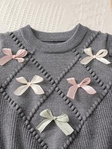 Souflis Souflis 6-9 Months Baby Girls Warm Outfit, Baby Girls Winter Warm Knitted 2 Pieces Set, Cute Bow Sweater And Pleated Skirt Set, Comfortable Soft And Skin-Friendly - Dark Grey - View 3